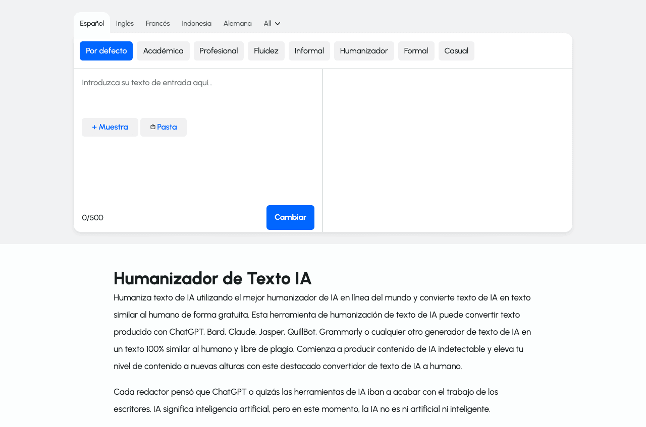 Humanizador.net Writing & Translation showing Writing & Translation - The most accurate way to make AI text sound truly human