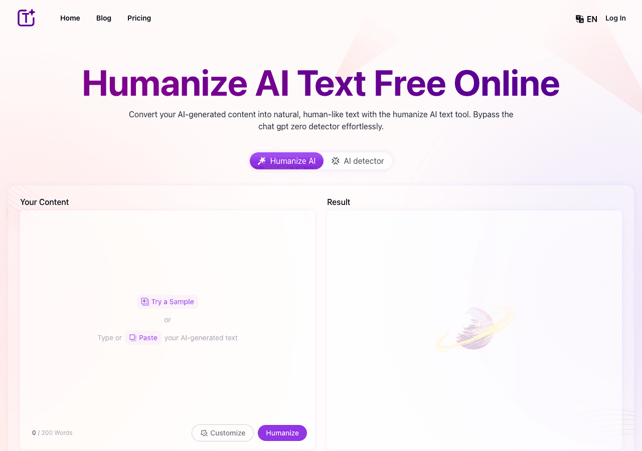 Humanize.im Writing & Translation showing Writing & Translation - Transform AI-generated text into human-like content—free, s