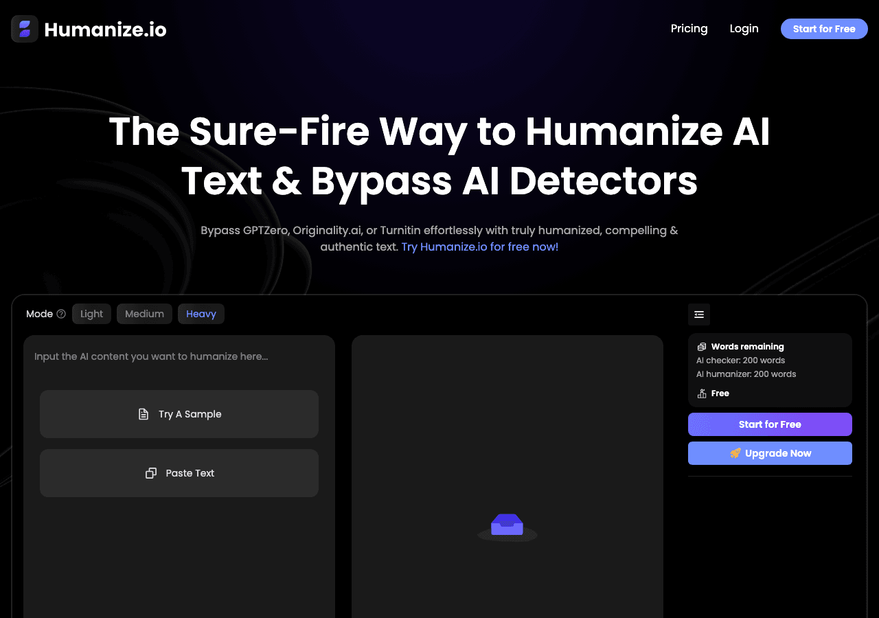 Humanize.io Writing & Translation showing Writing & Translation - The sure-fire way to humanize AI text & bypass AI detectors