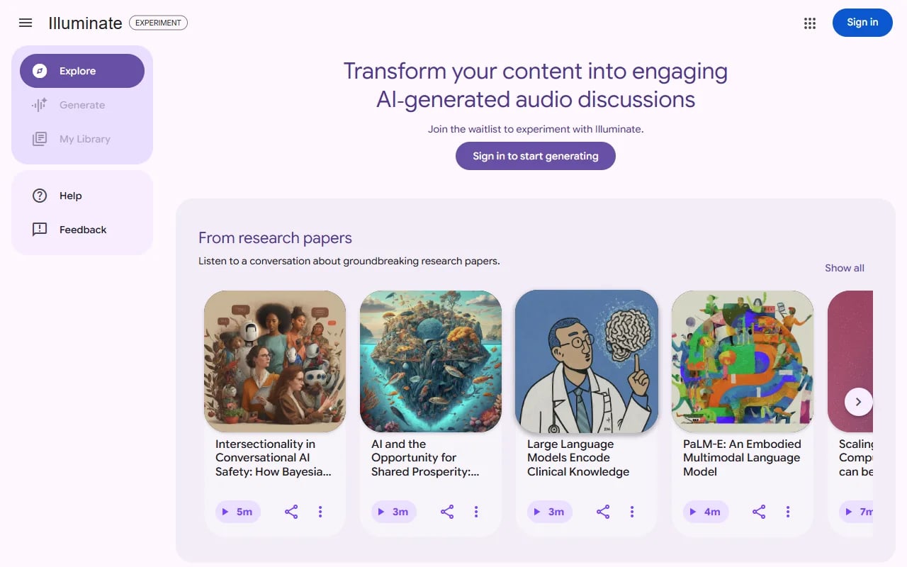 Illuminate Audio Generation showing Audio Generation - Learn your way: Turn research papers into AI-generated audio summaries