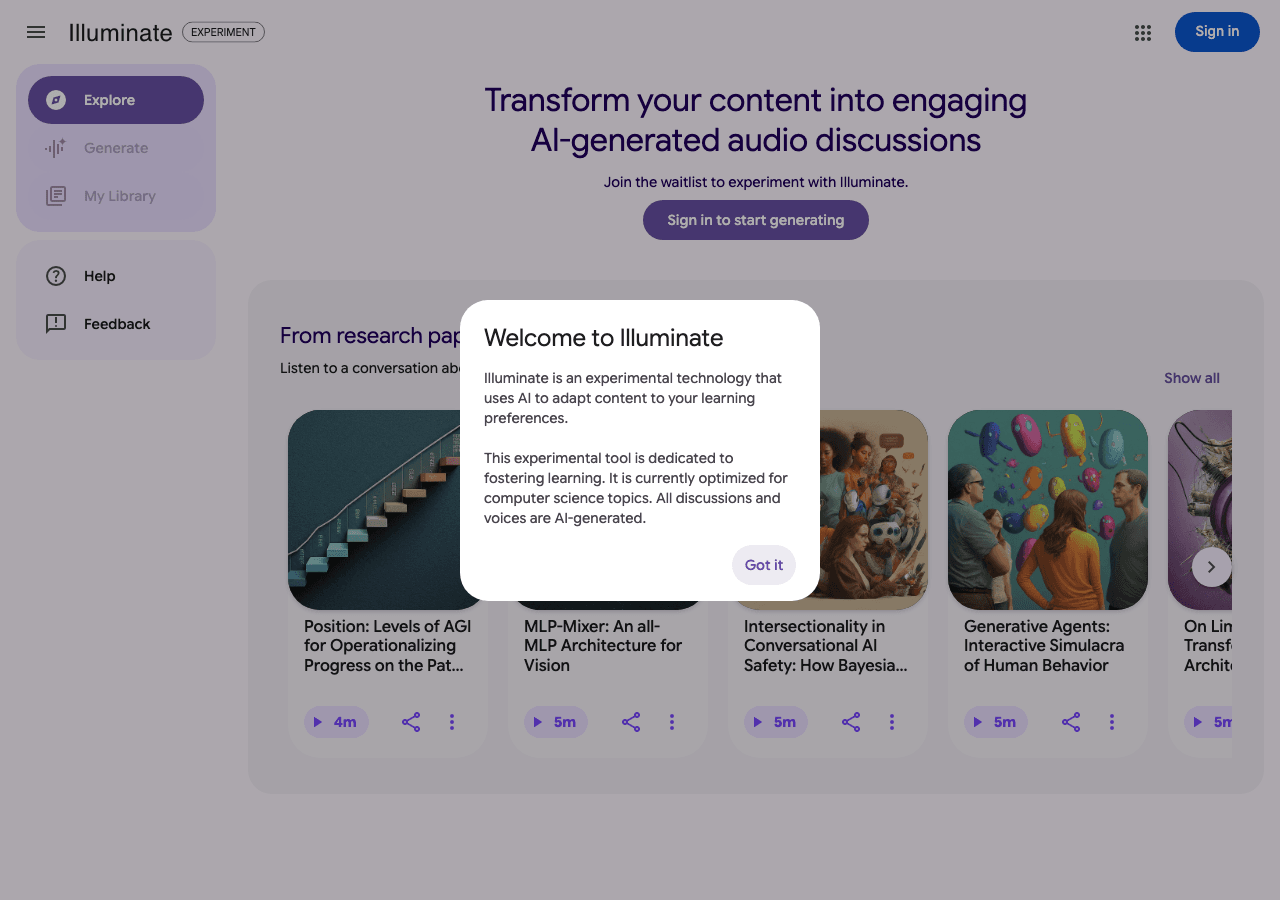 Illuminate Audio Generation showing Audio Generation - Learn your way: Turn research papers into AI-generated audio summaries