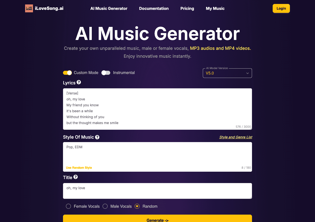SongAI Music Generation showing ai music generation - Turn your words into original songs with AI