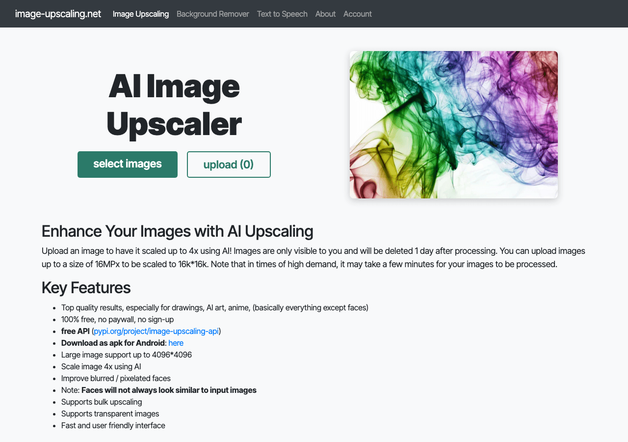 image-upscaling.net Image Generation showing Image Generation - Enhance your images with AI technology, up to 16K, free and f