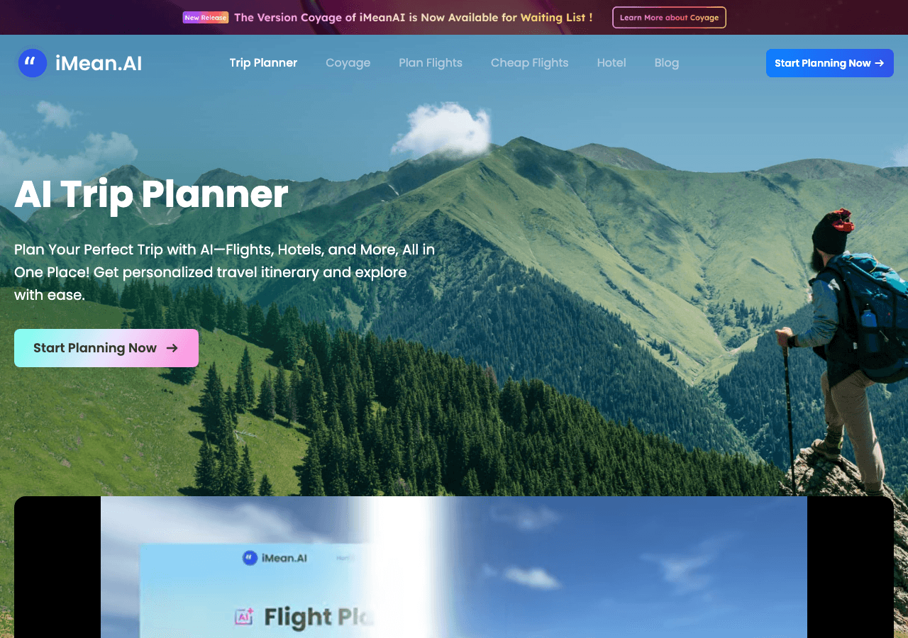 iMean Search & Discovery showing Search & Discovery - Smarter travel, powered by AI.