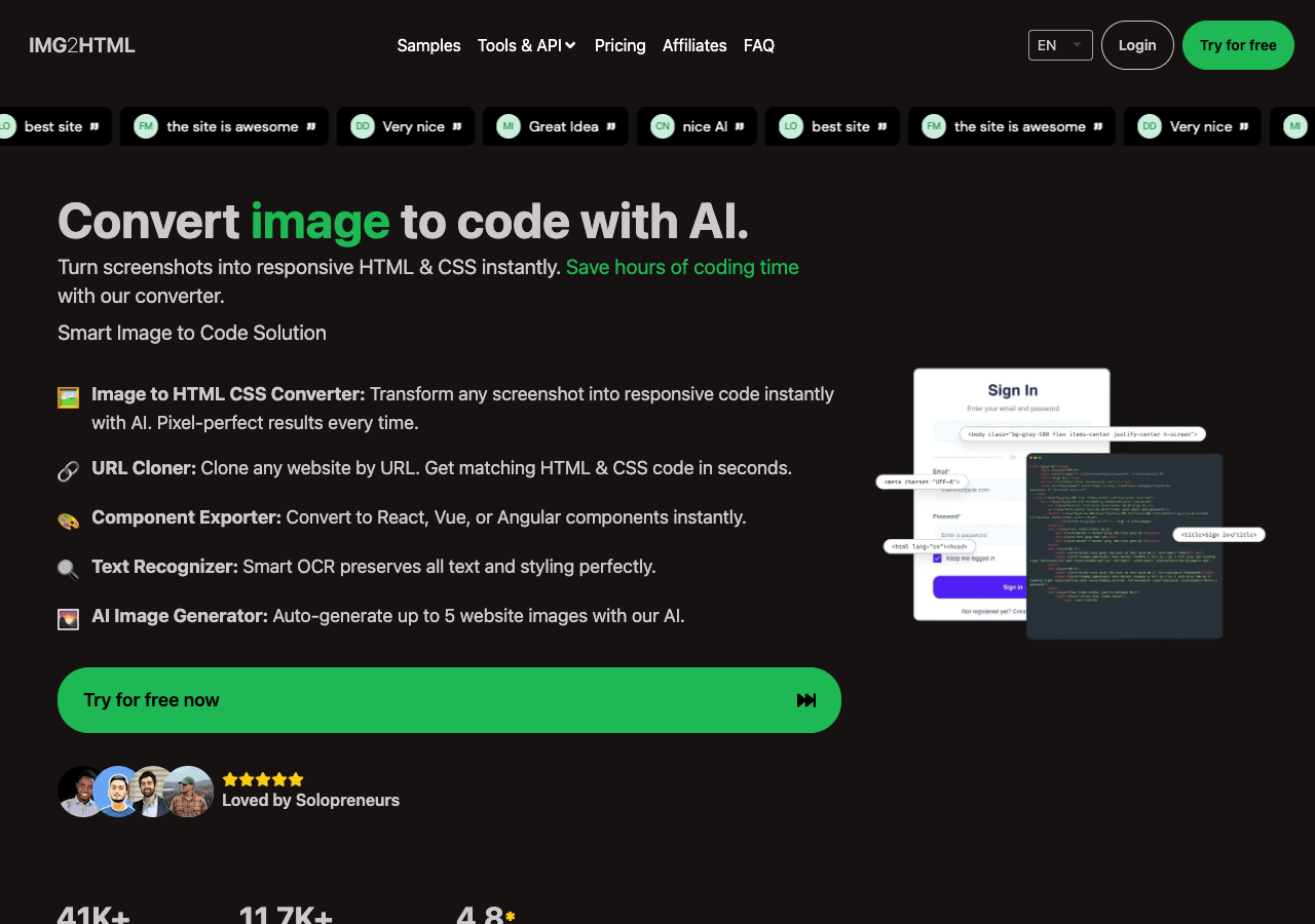 IMG2HTML Code Assistance showing Code Assistance - Transform designs to responsive HTML code in minutes