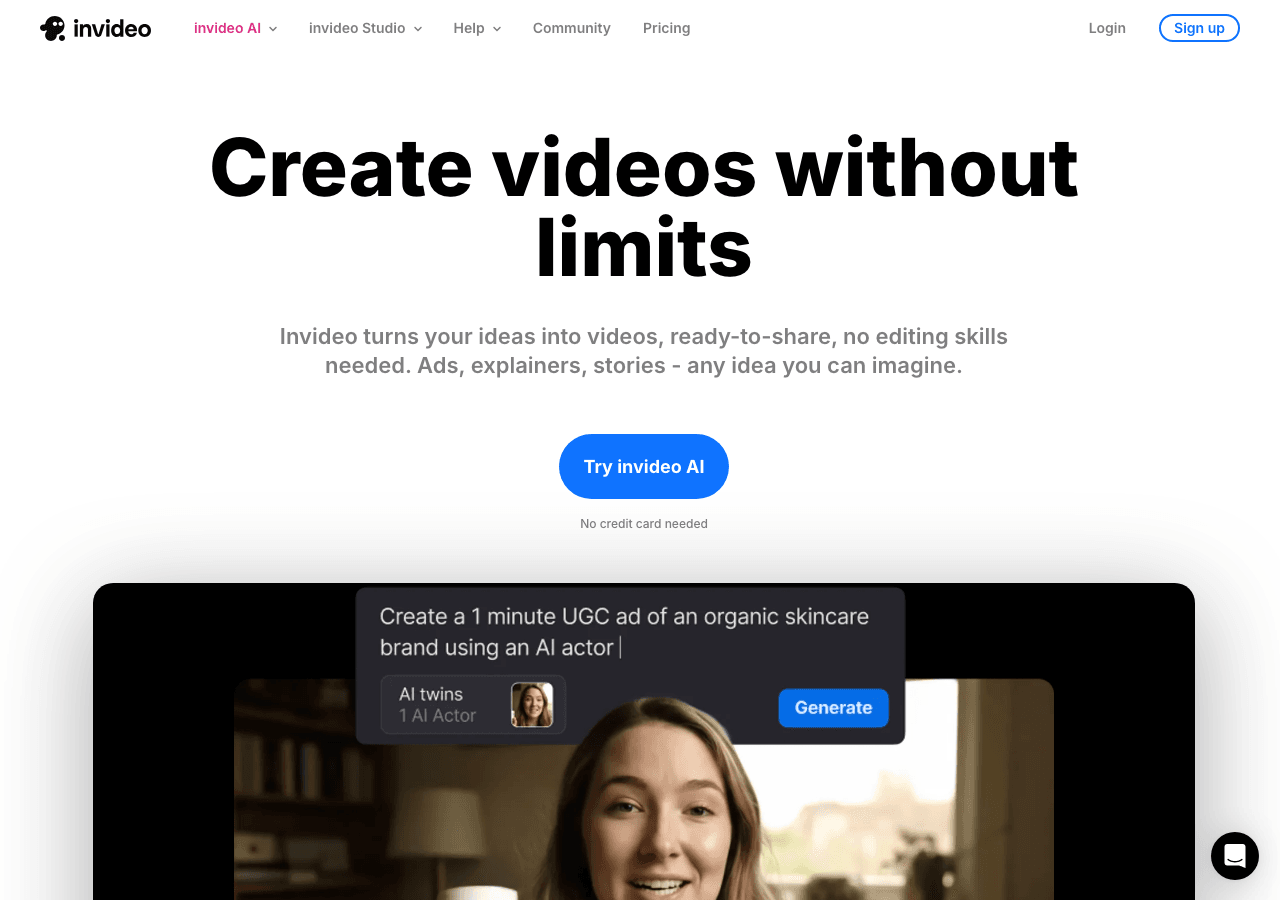Invideo AI Video Editing showing Video Editing - Turn ideas into professional videos in minutes—no editing skills required