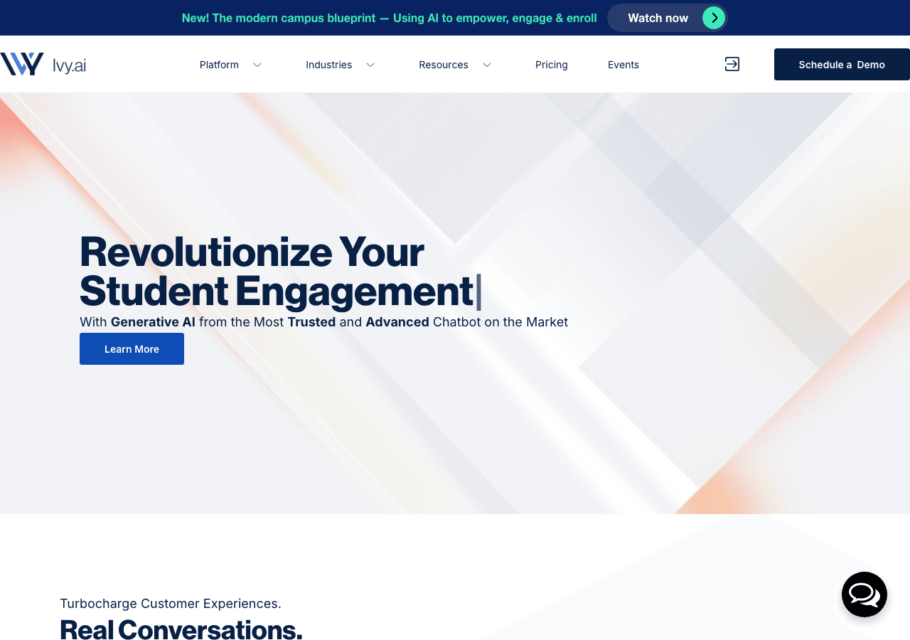 Ivy.ai Conversational AI showing Conversational AI - Intelligent Chatbots for Higher Education, Healthcare & Government