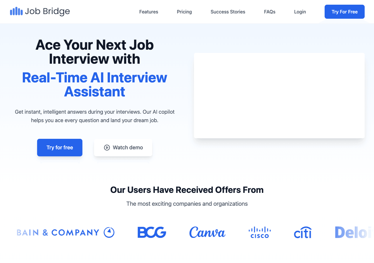 JobBridge Conversational AI showing Conversational AI - Your Real-Time AI Interview Copilot