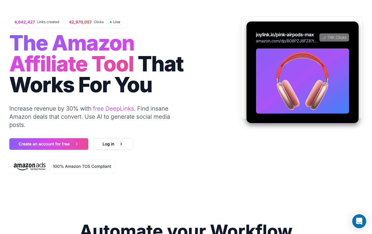 JoyLink Marketing Automation showing Marketing Automation - Automate, earn, and connect with JoyLink.