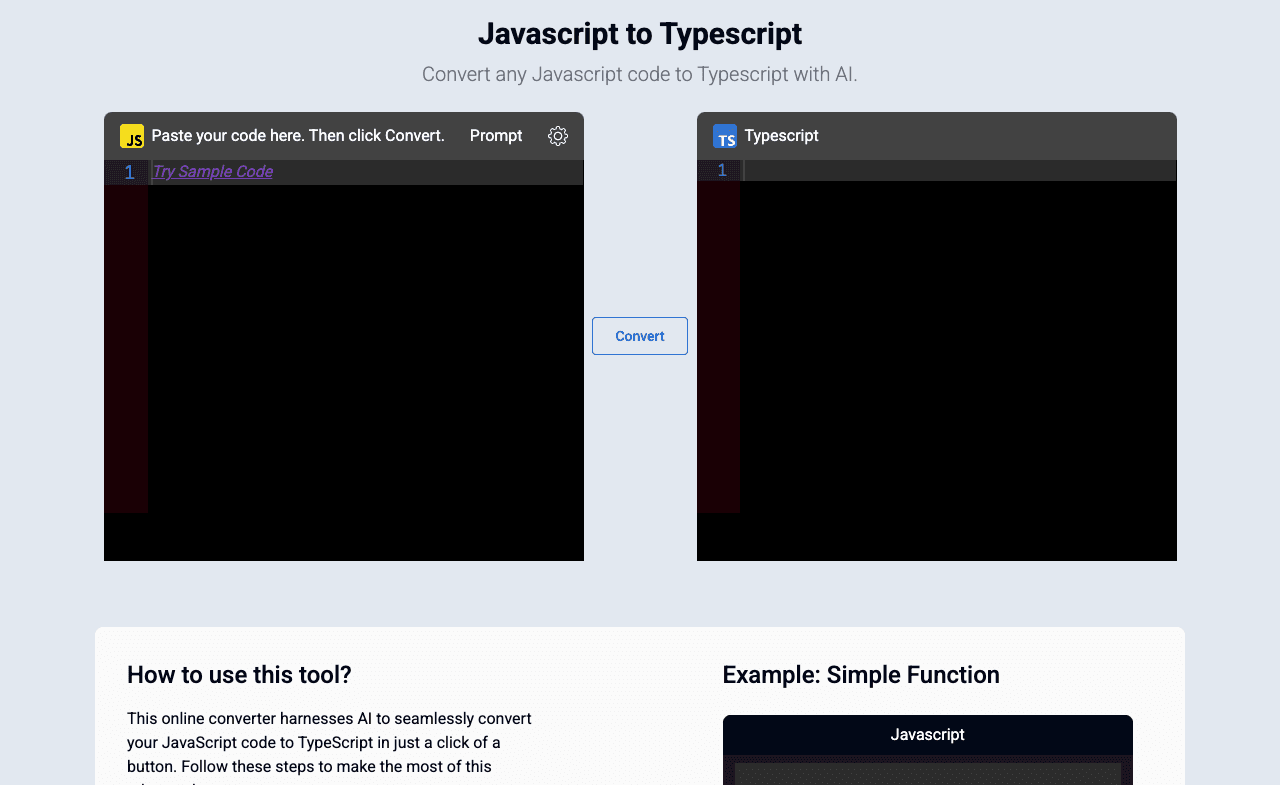 JS2TS Code Assistance showing Code Assistance - Convert JavaScript to TypeScript with AI in one click