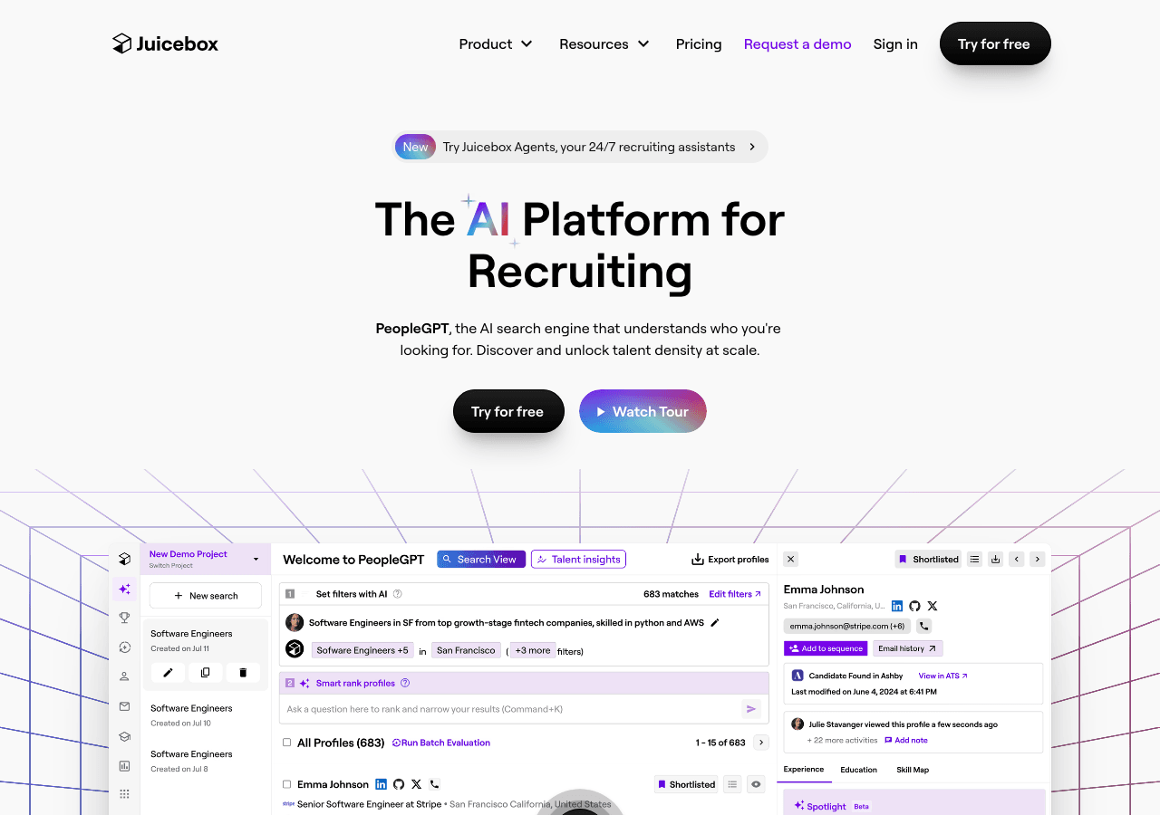 Juicebox (PeopleGPT) Search & Discovery showing Search & Discovery - The Leading AI Recruiting Platform