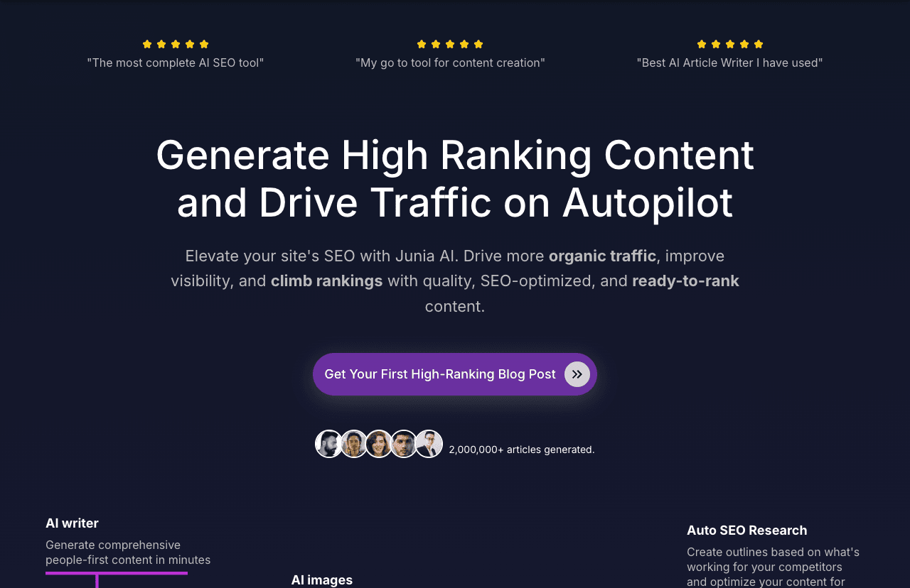 Junia AI Writing & Translation showing Writing & Translation - AI-Powered Content That Ranks