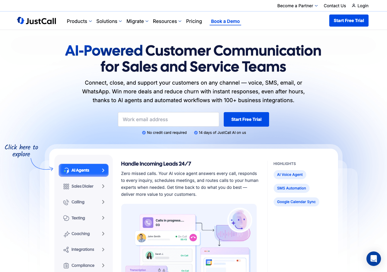 JustCall Conversational AI showing Conversational AI - Powering Communication, Simplifying Workflows