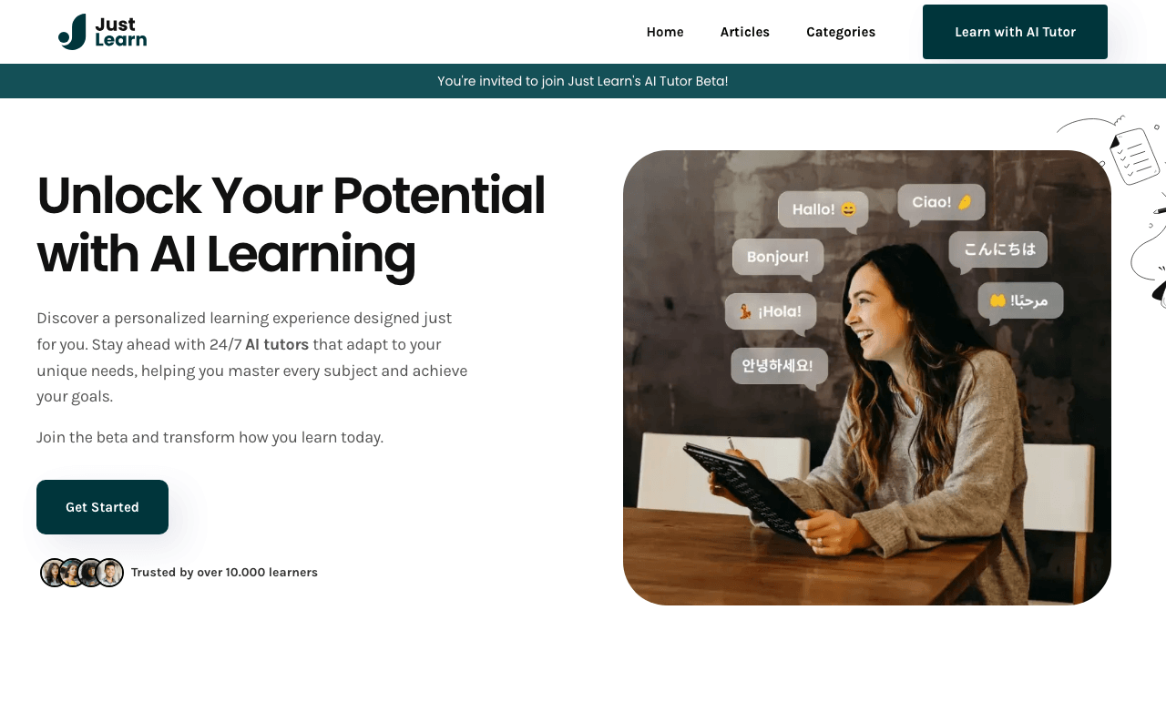 Justlearn Writing & Translation showing Writing & Translation - Personalized learning powered by native speakers and AI