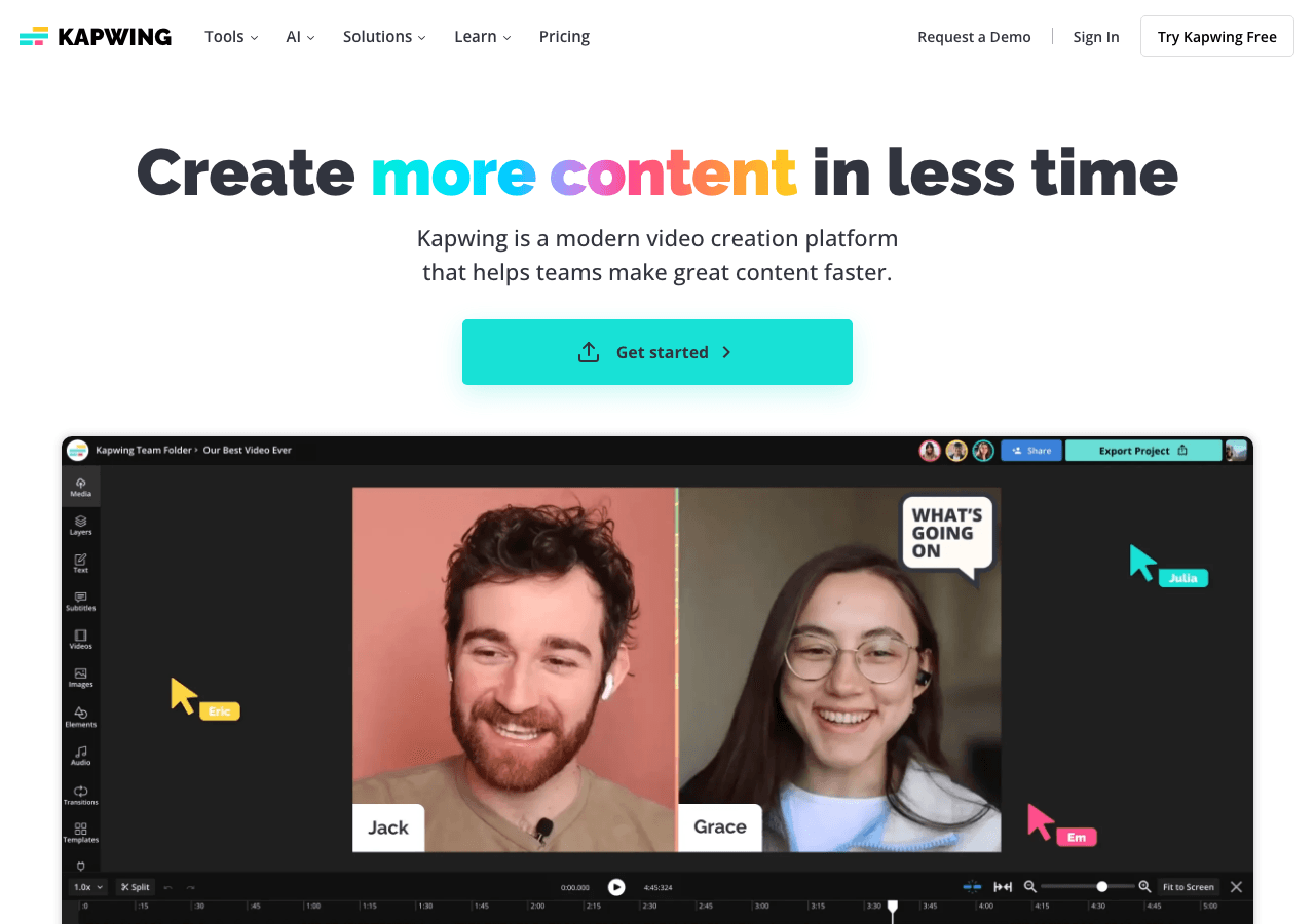 Kapwing Video Editing showing Video Editing - Create more content in less time