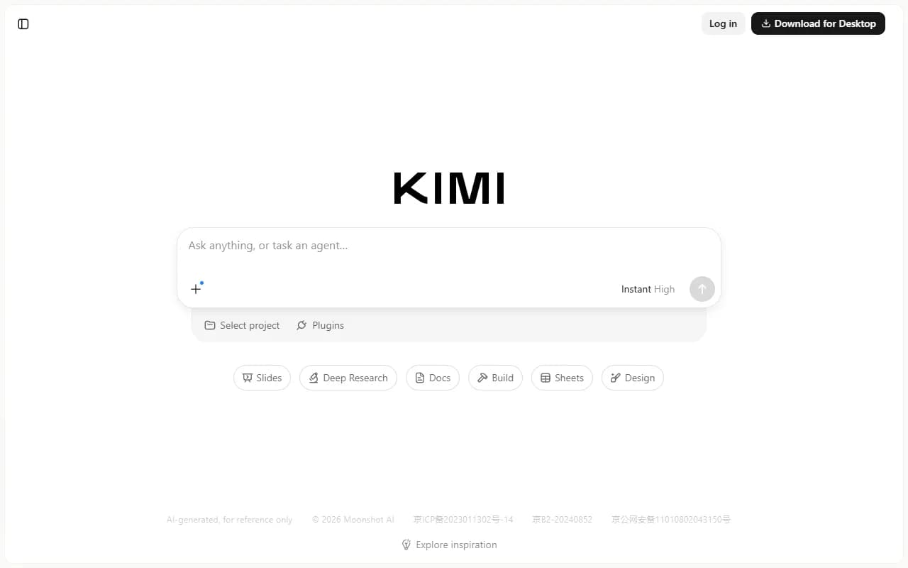 Kimi Conversational AI showing kimi k2 - Thinking agent for your complex tasks