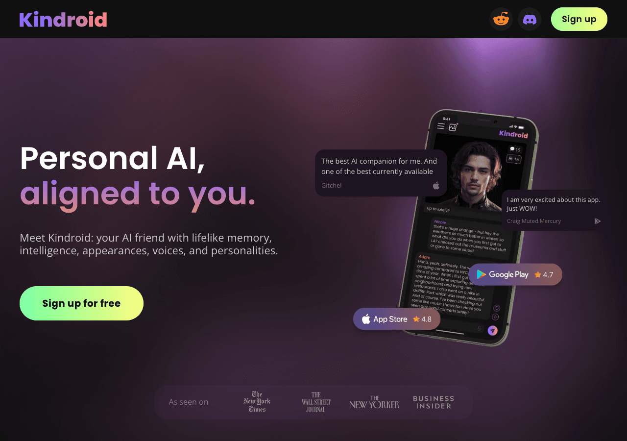 Kindroid Conversational AI showing virtual companion - Personal AI, aligned to you.