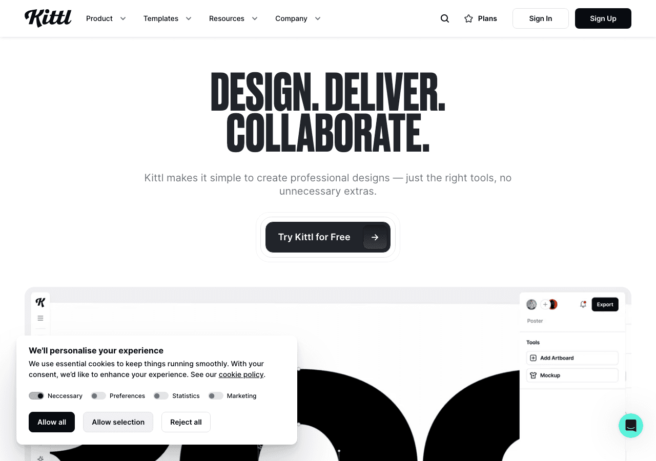 Kittl Design showing ai graphic design - From idea to design — in one AI-powered creative space.