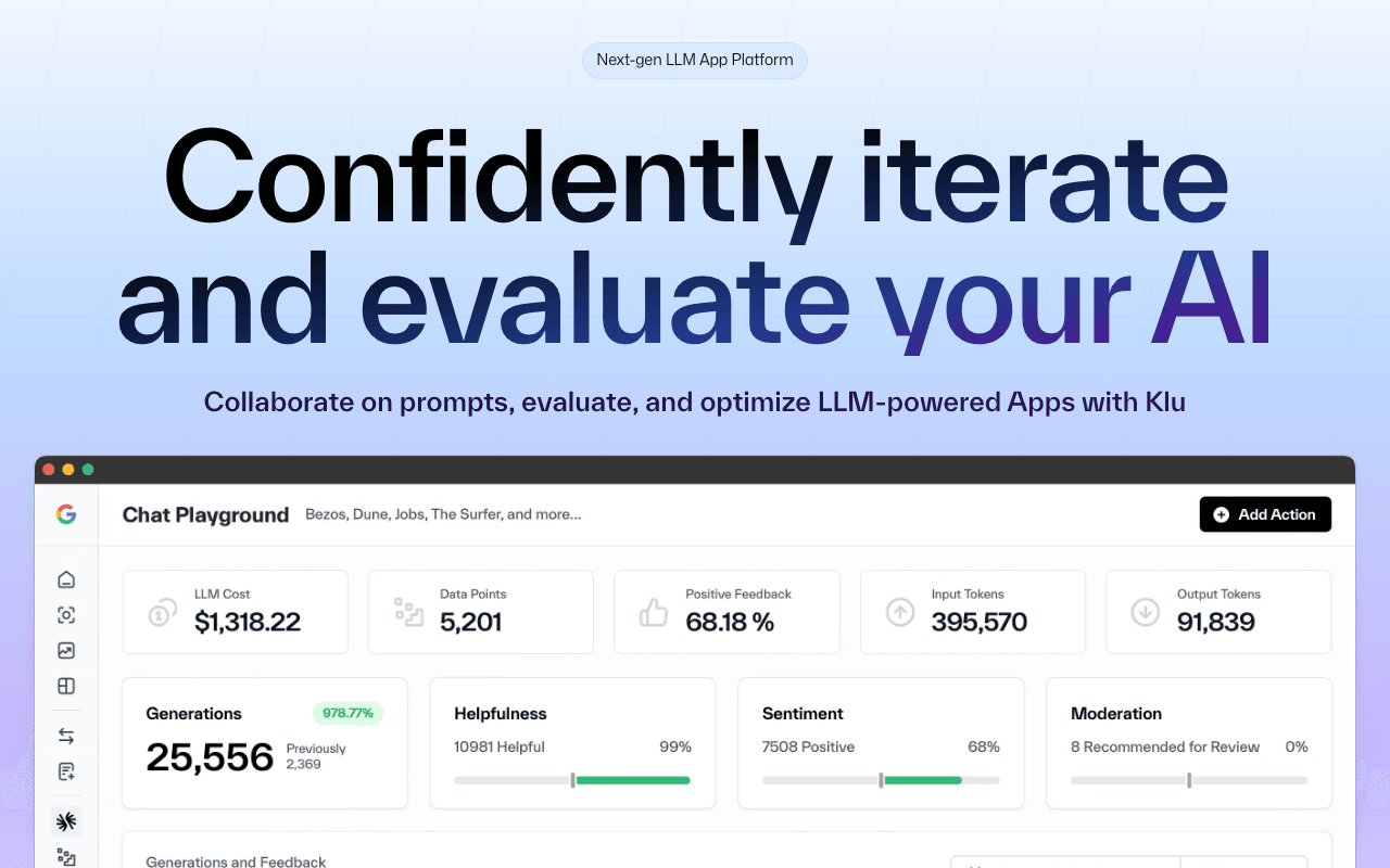 Klu Conversational AI showing Conversational AI - Build, deploy, and optimize AI workflows with unified access to leading lan
