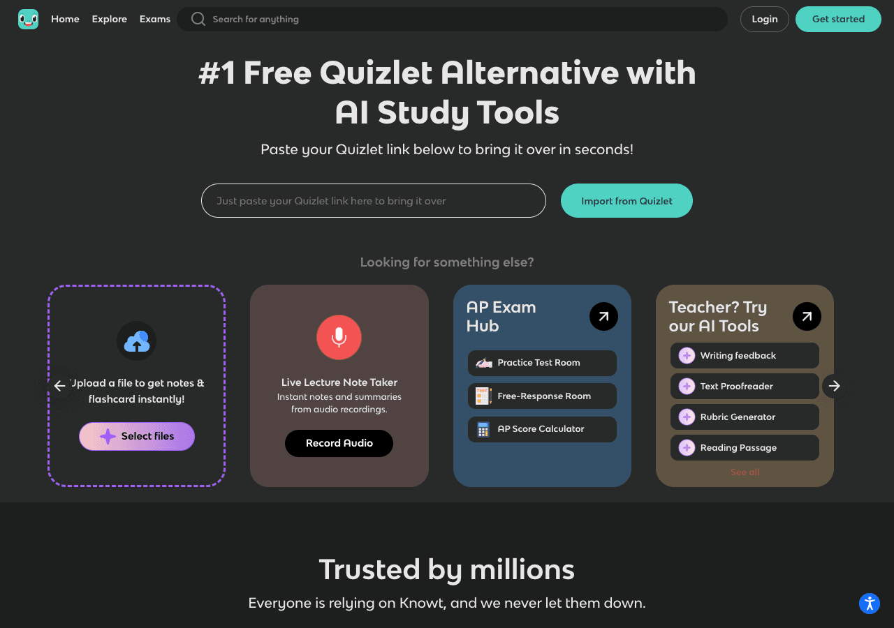 Knowt Productivity & Collaboration showing ai-powered study platform - #1 Free Quizlet Alternative with AI Study Tools