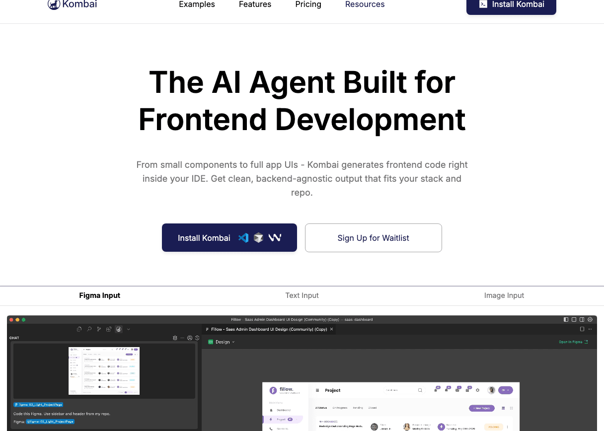 Kombai Code Assistance showing Code Assistance - The AI Agent Built for Frontend Development