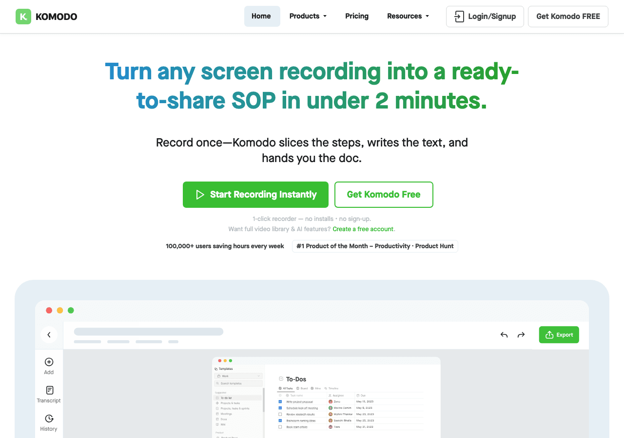 Komodo Video Generation showing Video Generation - Unlimited AI-powered screen recording and knowledge sharing for teams