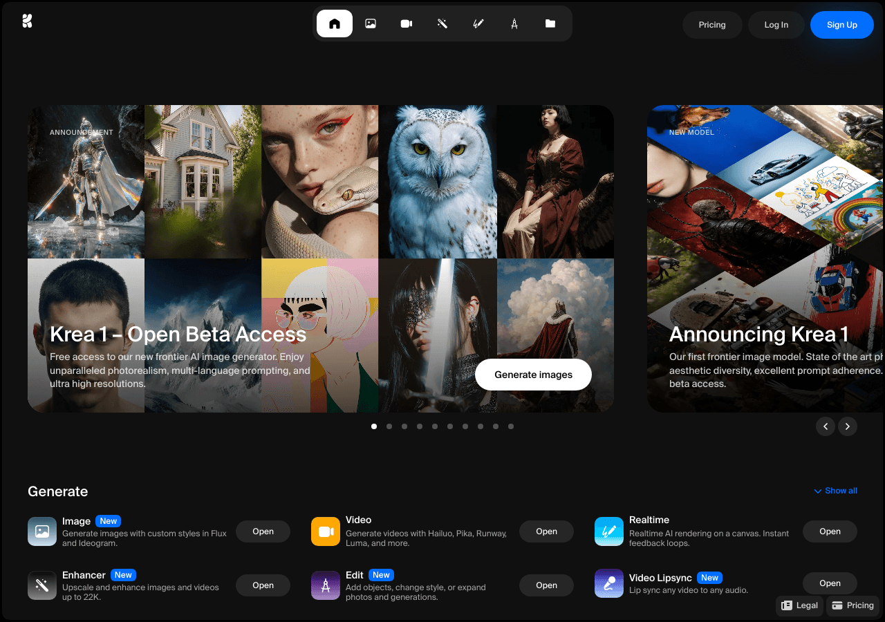Krea Image Generation showing ai image generation - Real-time AI creativity. Generate, edit, enhance images and videos instan