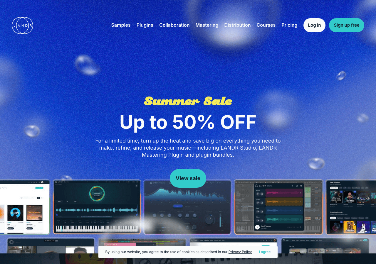 LANDR Music Generation showing ai mastering - AI mastering, distribution, samples, plugins and courses for modern music creat
