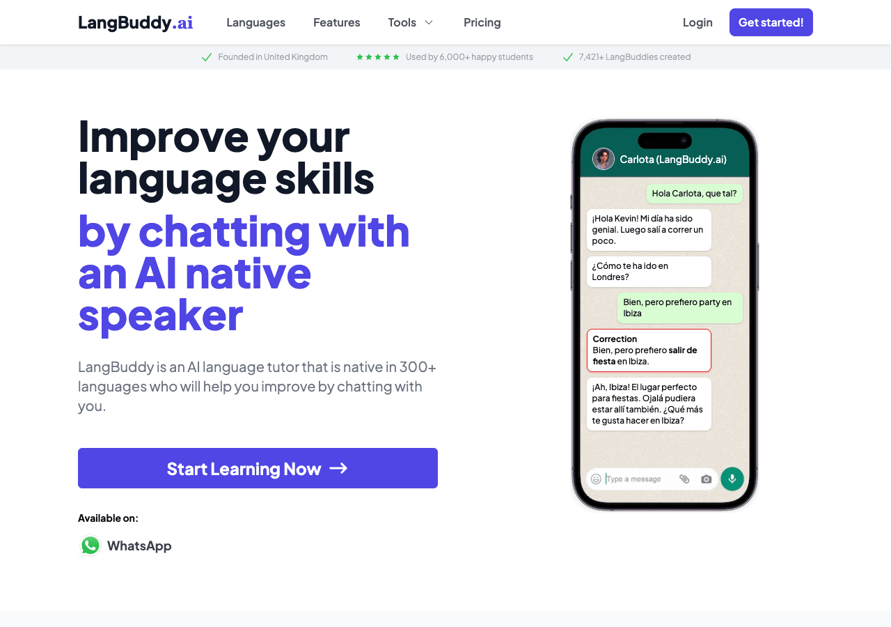 LangBuddy.ai Conversational AI showing Conversational AI - Your Language Companion