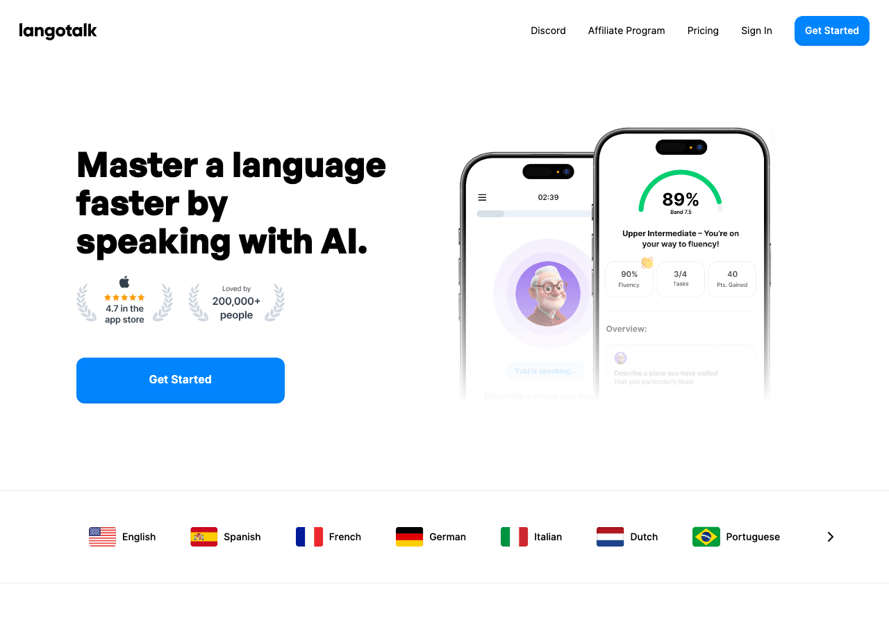 Langotalk Conversational AI showing Conversational AI - Learn languages 6x faster with AI tutors