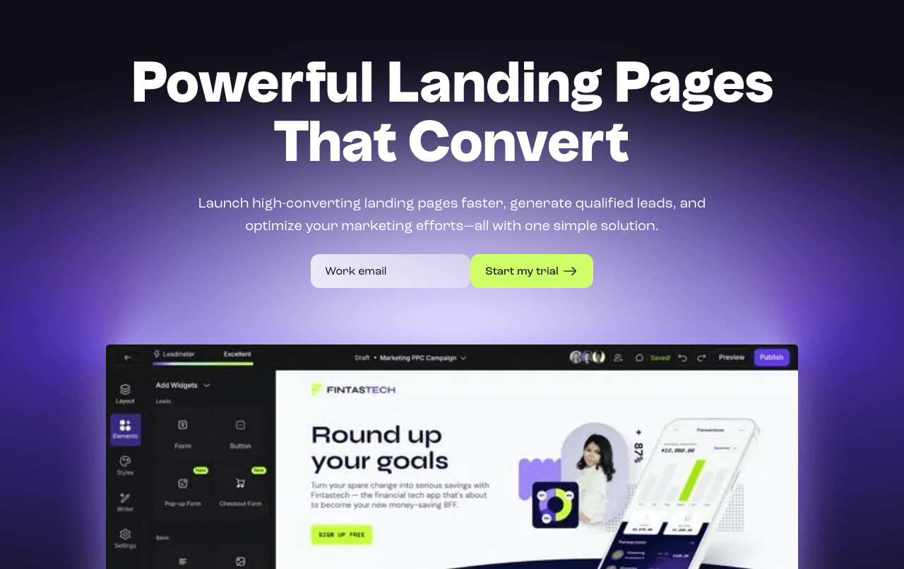 Leadpages Marketing Automation showing Marketing Automation - Smarter features, bigger impact. Build and optimize websites an
