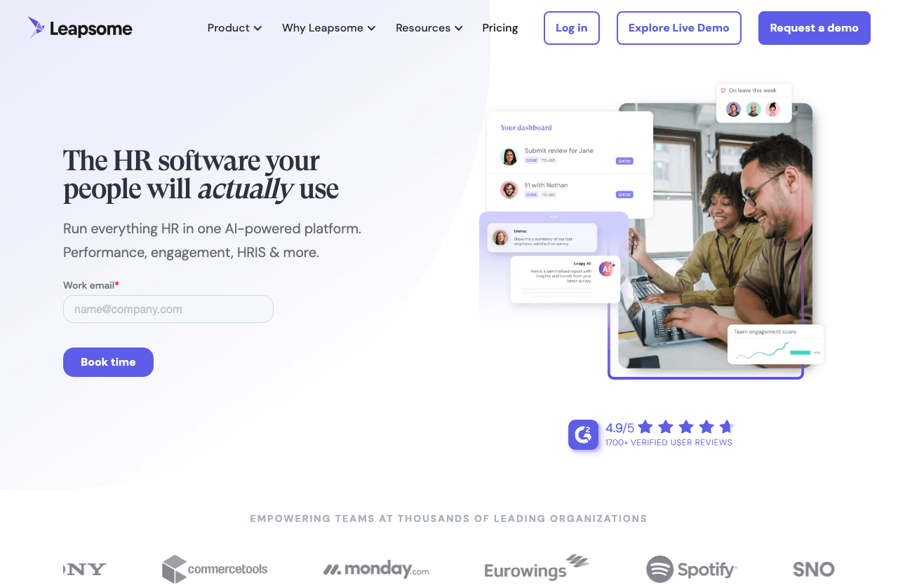 Leapsome Productivity & Collaboration showing Productivity & Collaboration - The HRIS your people will actually use – and lov