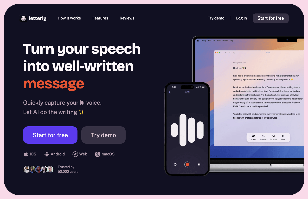 Letterly Writing & Translation showing Writing & Translation - Transforming Words with AI