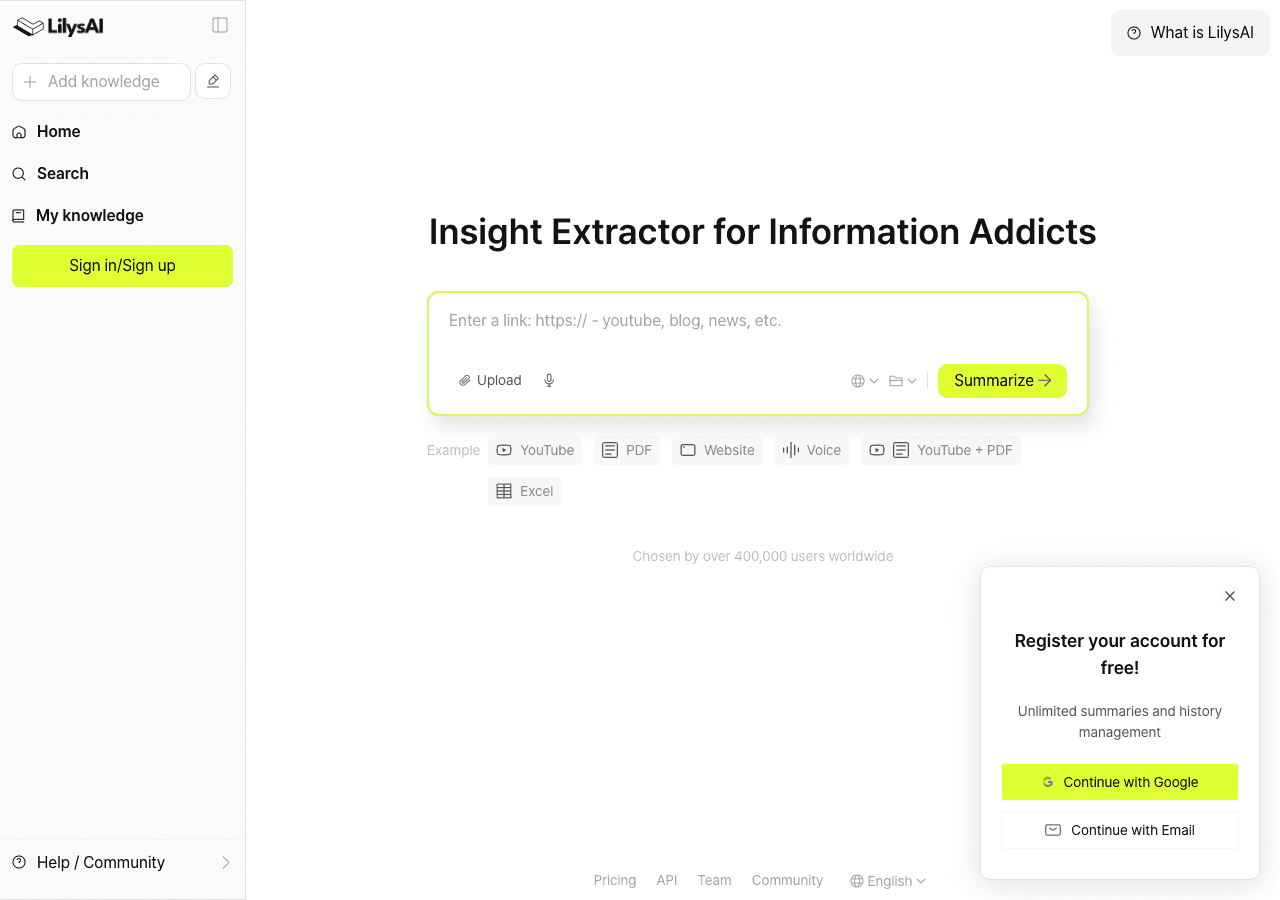 Lilys AI Writing & Translation showing ai summarization - Understand anything faster with multimodal AI notes