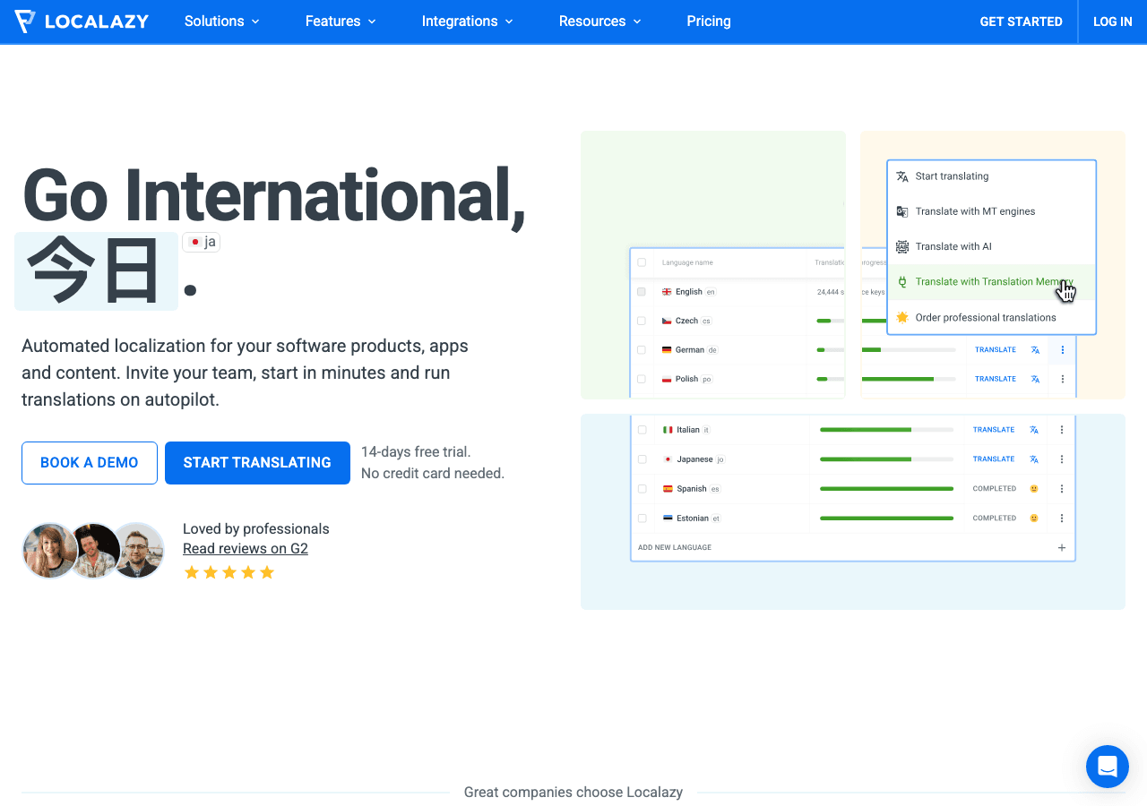 Localazy Writing & Translation showing Writing & Translation - Automated localization made easy for apps, websites, and digit