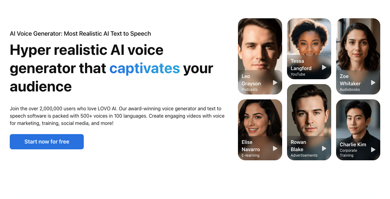 LOVO Audio Generation showing ai voice generation - Free AI voice generator & text to speech with 500+ voices in 100+ languag