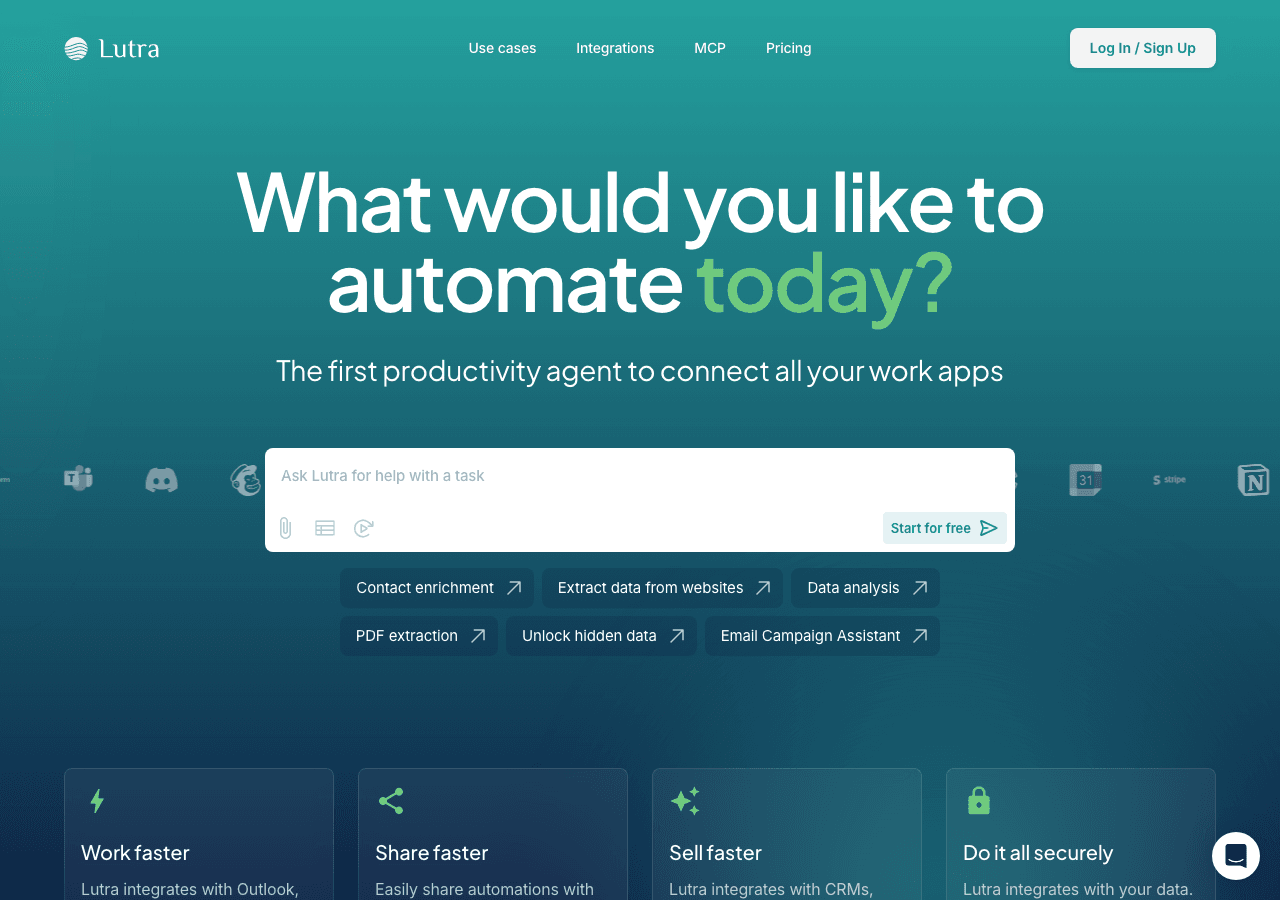 Lutra AI Code Assistance showing Code Assistance - Connect your work. Automate your world.