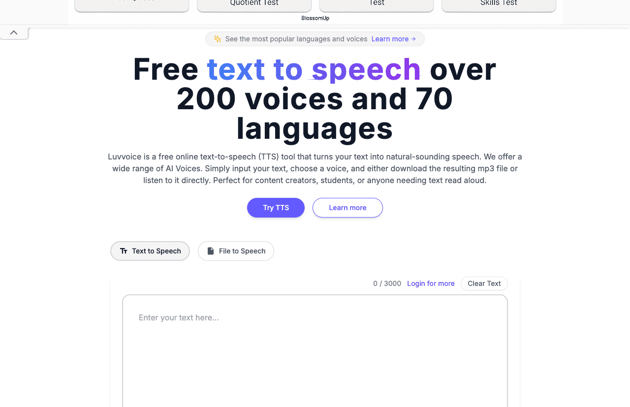 Luvvoice Audio Generation showing ai text to speech - Free, unlimited AI text-to-speech with 200+ natural voices in 70+ langu