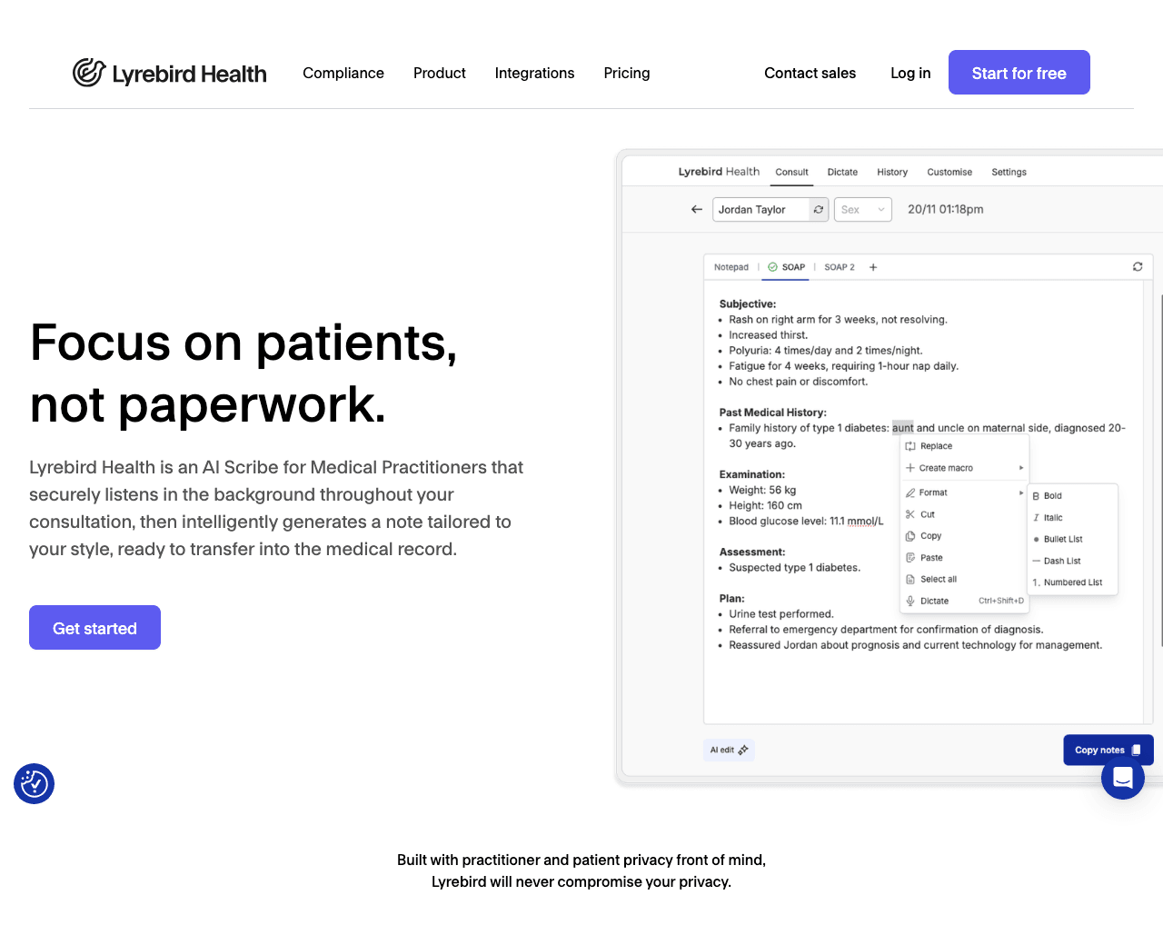 Lyrebird Health Conversational AI showing Conversational AI - AI scribe for seamless, secure clinical documentation