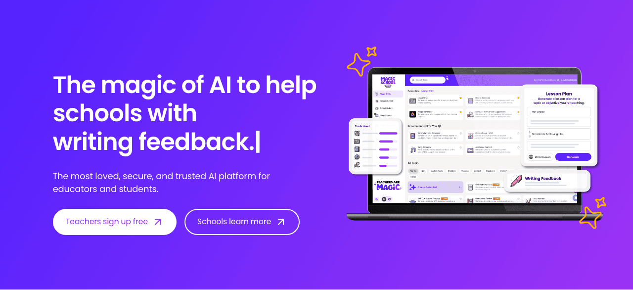 MagicSchool Writing & Translation showing ai for educators - The #1 AI Platform for Schools