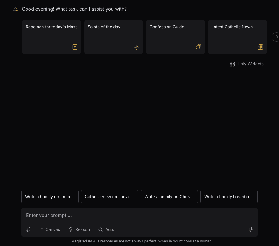 Magisterium AI Conversational AI showing Conversational AI - AI-powered answers for Catholic teaching and research