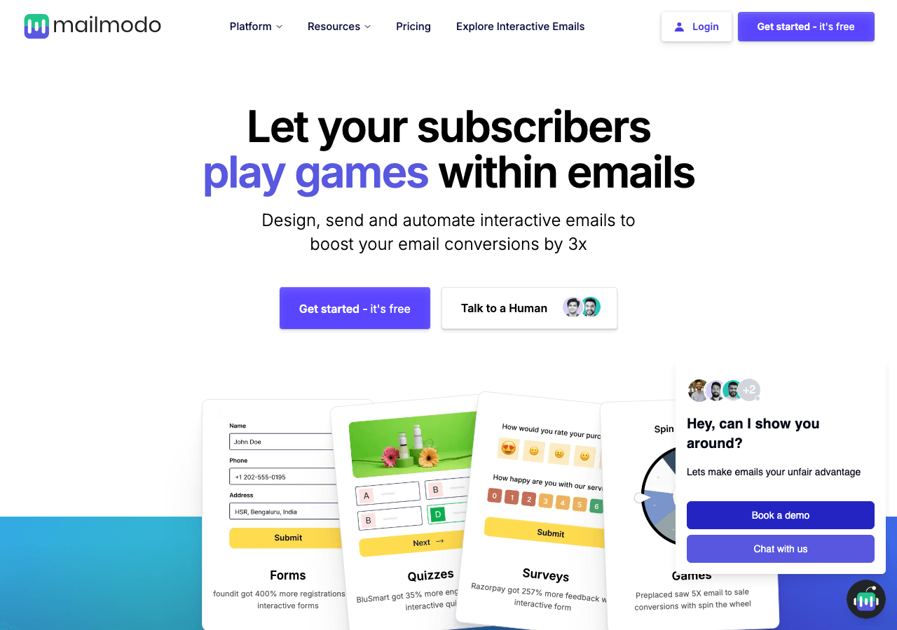 Mailmodo Marketing Automation showing Marketing Automation - Email marketing platform built for engagement. Gamify engagement