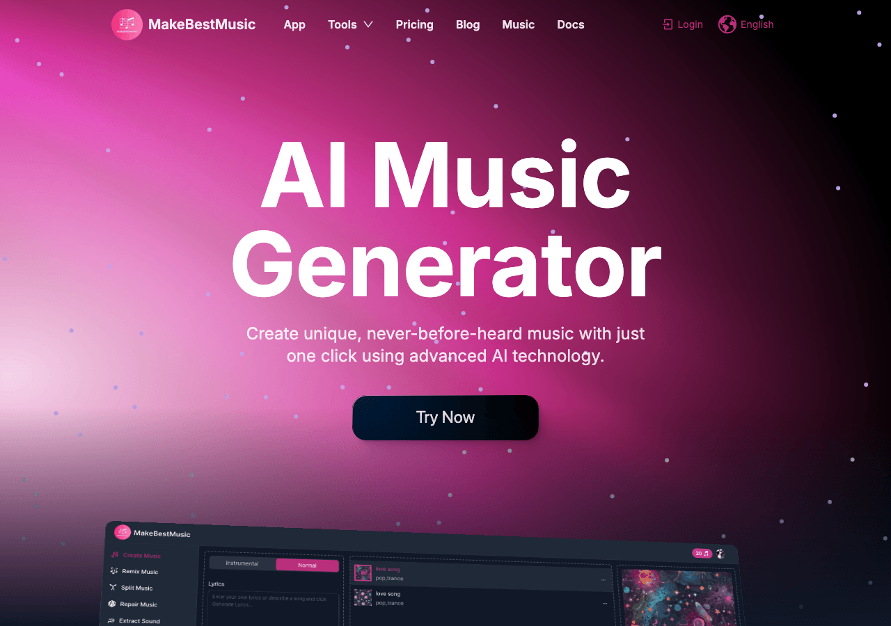MakeBestMusic Music Generation showing Music Generation - Transform your words into studio-quality music with AI.
