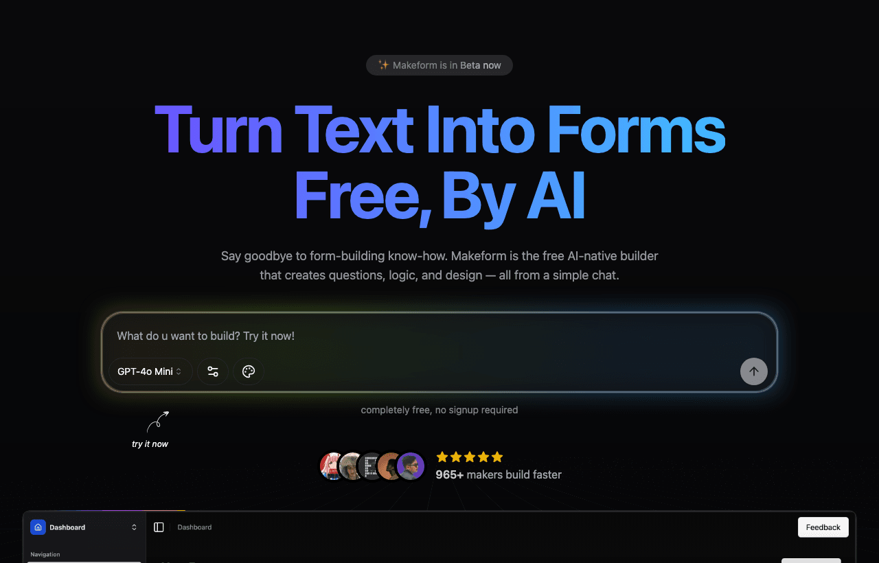 Makeform Conversational AI showing Conversational AI - Create forms effortlessly with our AI-powered platform. No coding requ