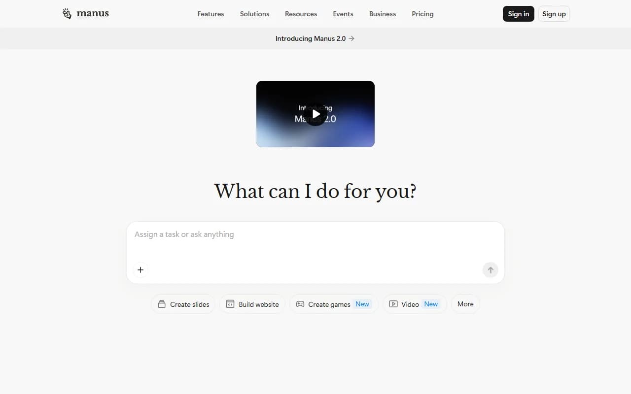 Manus AI Productivity & Collaboration showing ai workflow automation - Your ideas, executed autonomously—meet Manus.
