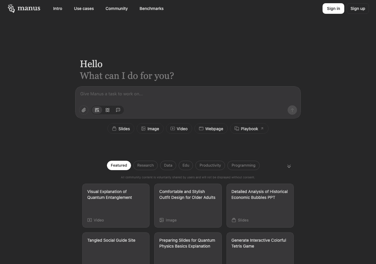 Manus AI Productivity & Collaboration showing Productivity & Collaboration - Your ideas, executed autonomously—meet Manus.