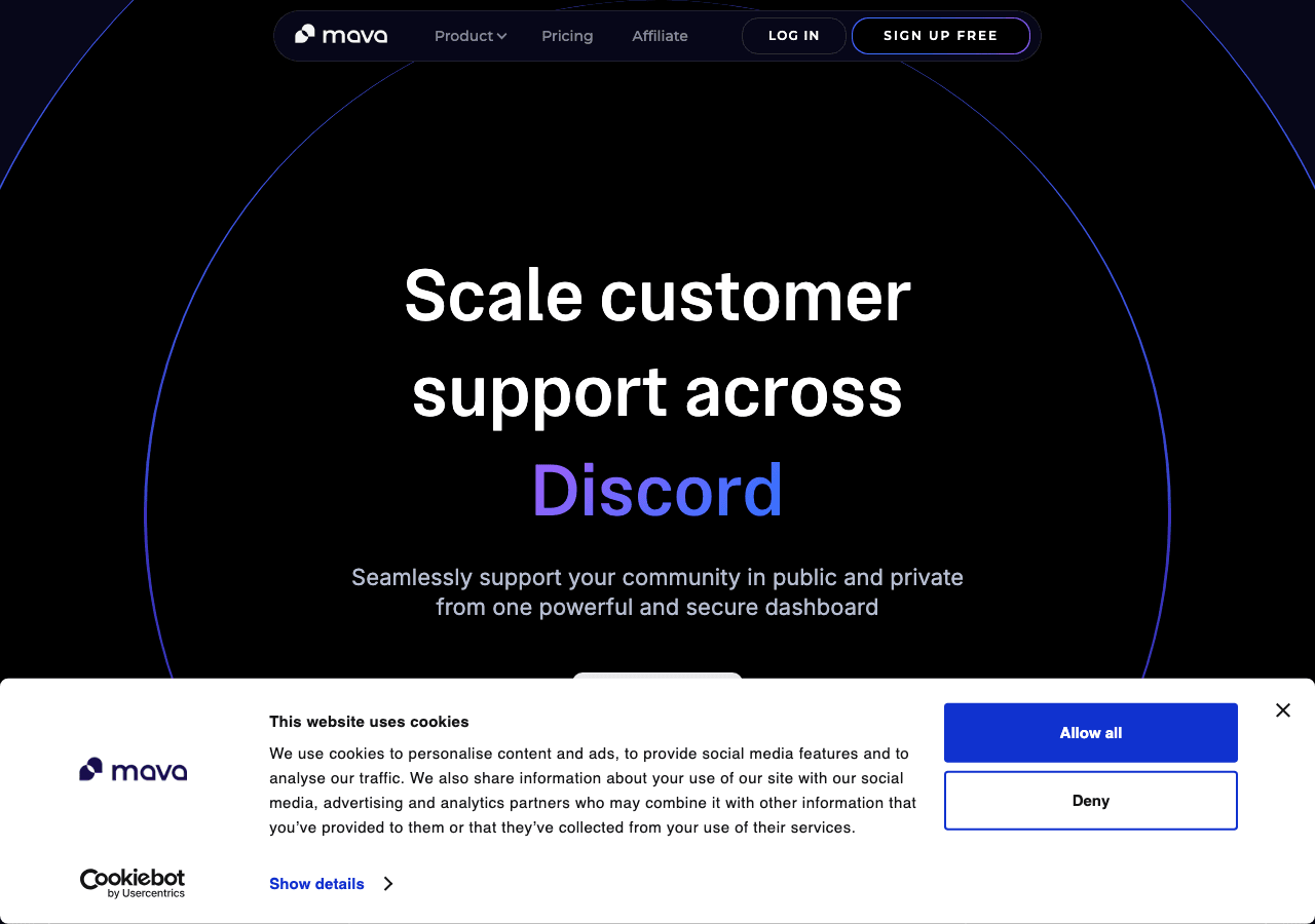 Mava Conversational AI showing Conversational AI - AI-driven community support, everywhere your users are.