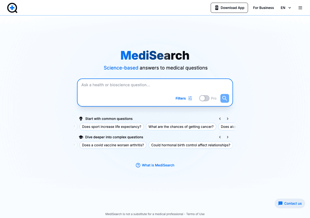 MediSearch Search & Discovery showing medical search - Evidence-based answers to medical questions
