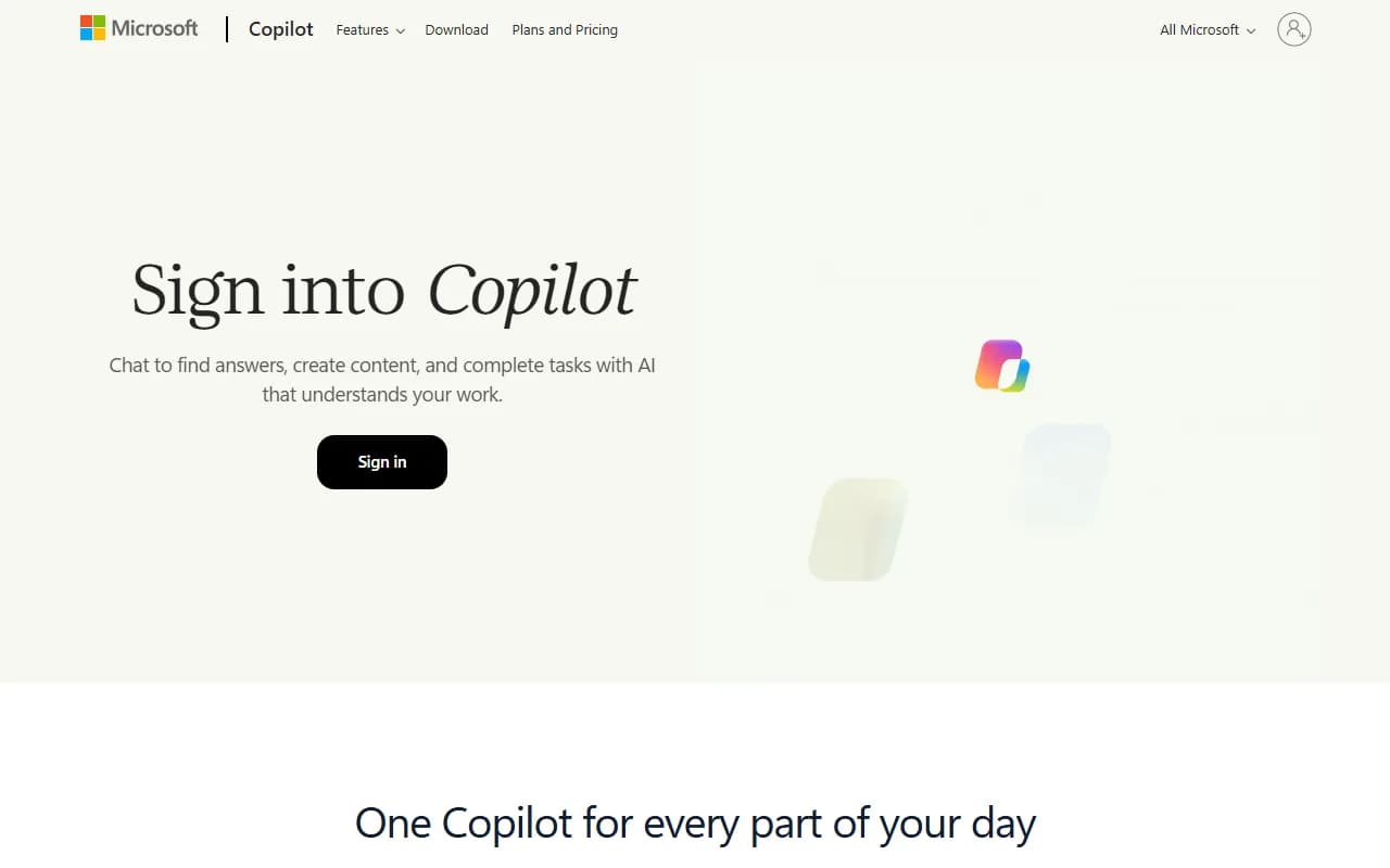 Microsoft Copilot Conversational AI showing microsoft 365 copilot - Your everyday AI companion for work, learning, and creati
