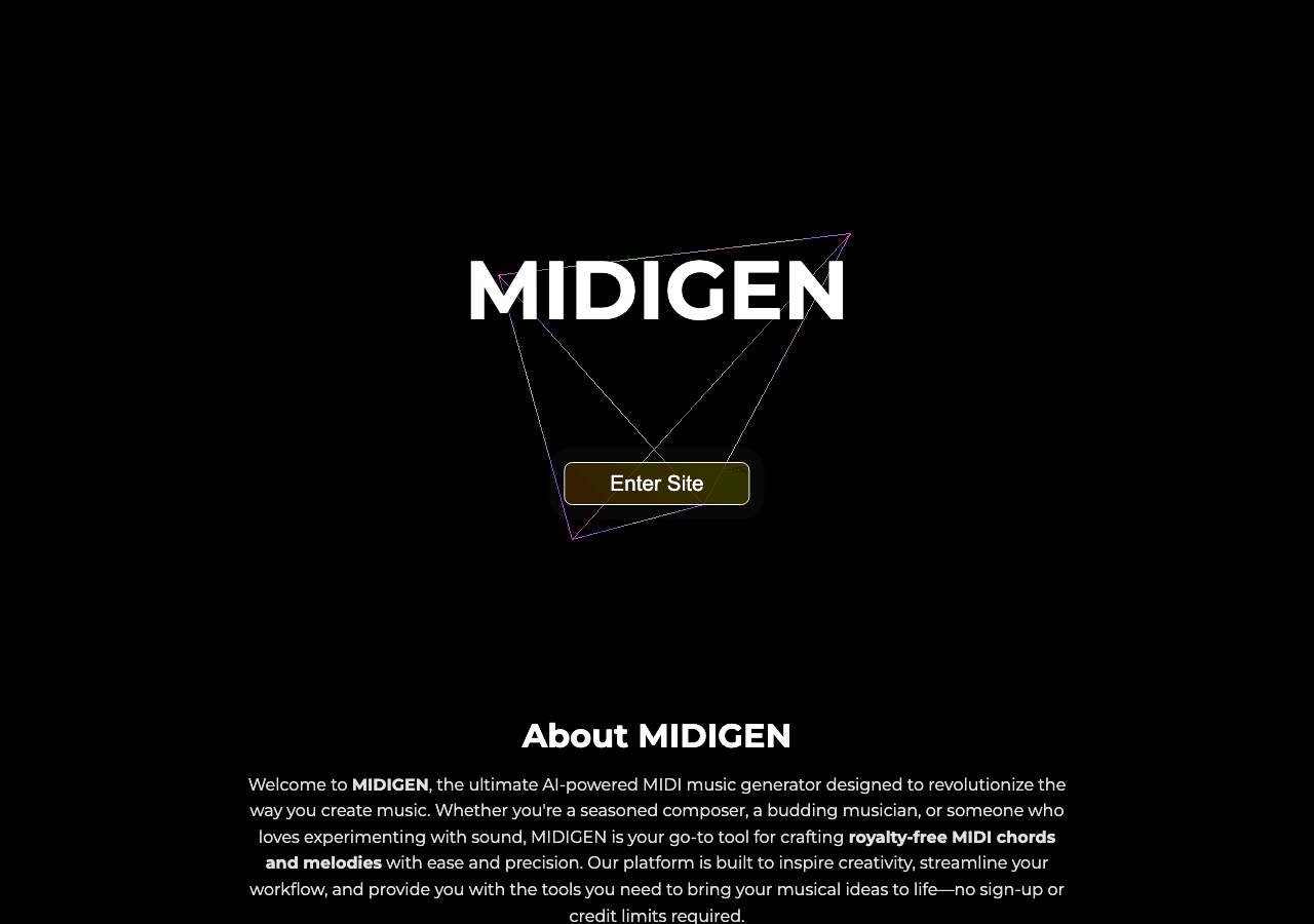 MIDIGEN Music Generation showing Music Generation - Royalty-Free MIDI Melody & Chord Generator